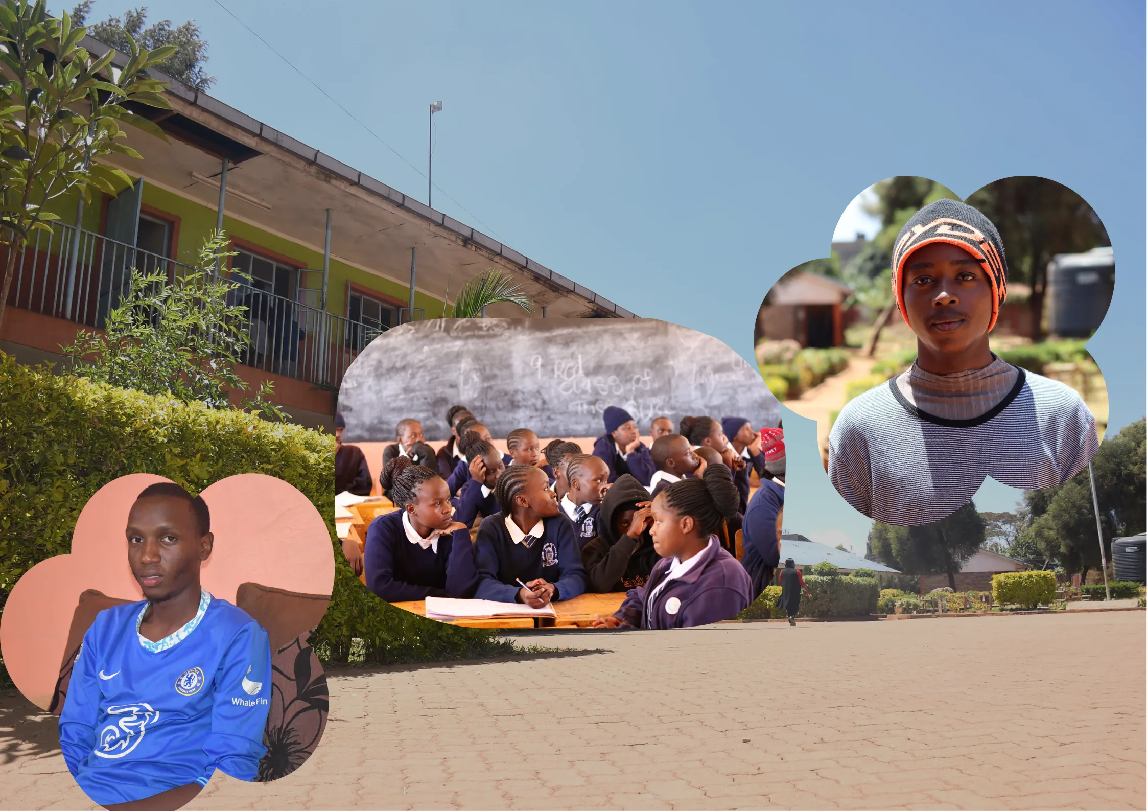 A collage showing a school building, a group of students in uniform in a classroom, and two young men posing outdoors and indoors, set against a sunny courtyard background. -Kaki Foundation